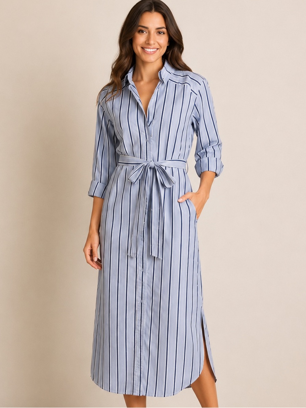 Grey Lab blue striped button front‎ belted midi shirt dress small - Picture 2 of 6